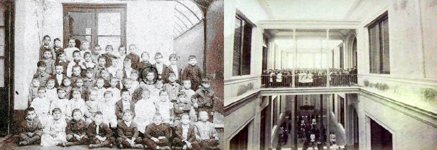 Historical black and white school photograph comparison of two South American primary schools attended by Carlos Gardel and Charles Romuald Gardes