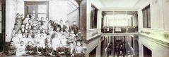Historical black and white school photograph comparison of two South American primary schools attended by Carlos Gardel and Charles Romuald Gardes