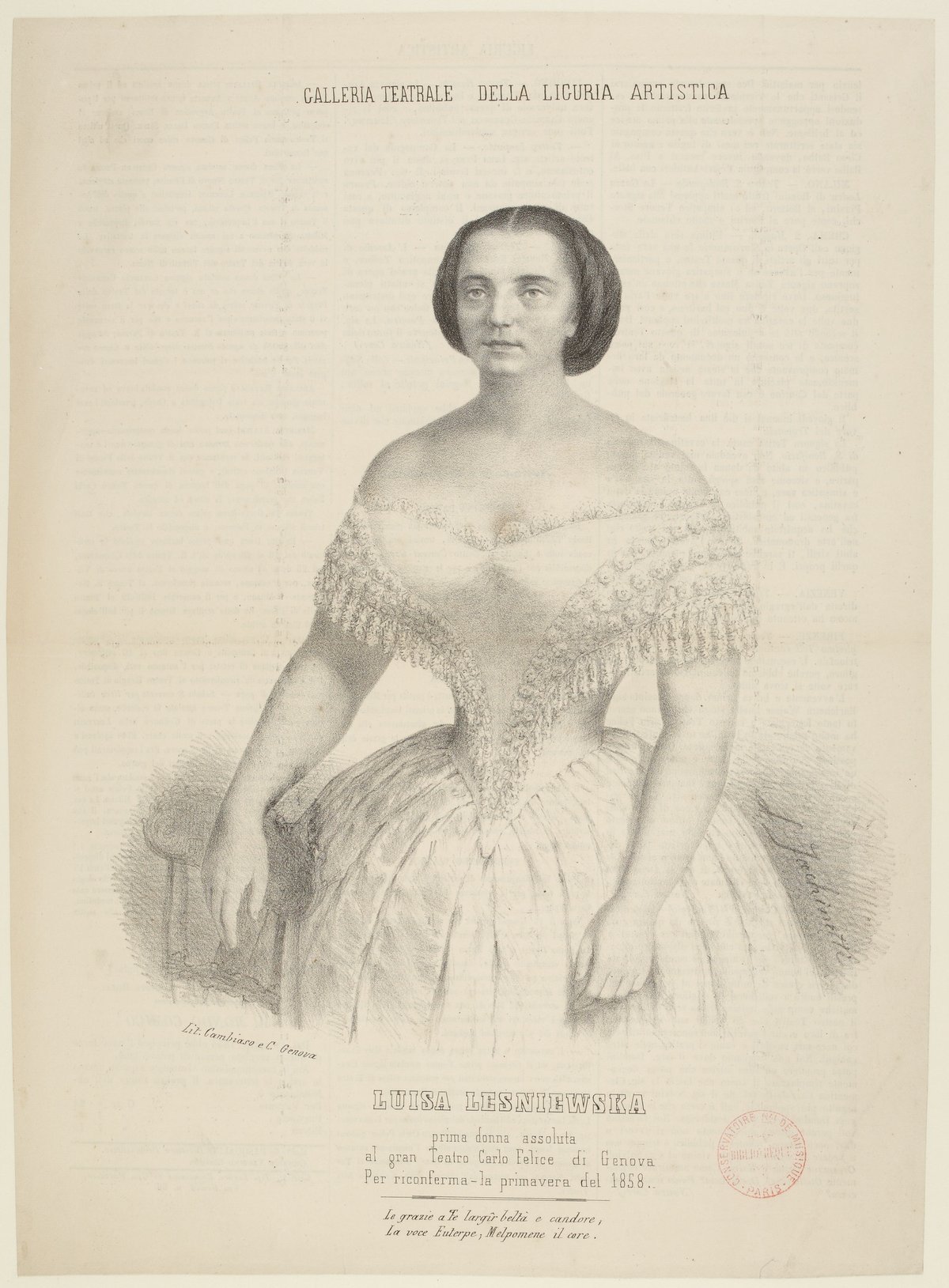 Portrait of Ludwika Lesniewska, a 19th century prima donna assoluta at Gran Teatro Carlo Felice in Genoa