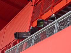 Television cameras installed in the presidential stand at Stade du Hainaut before Valenciennes FC vs RC Lens Ligue 2 match on November 10, 2018