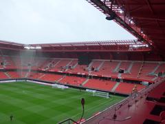 Tribune Sud at Stade du Hainaut filled with fans before Valenciennes FC vs RC Lens Ligue 2 match 2018