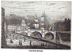 Historic Carlisle Bridge now O'Connell Bridge in Dublin with tall ships on the River Liffey and Custom House in the background, 1835 drawing