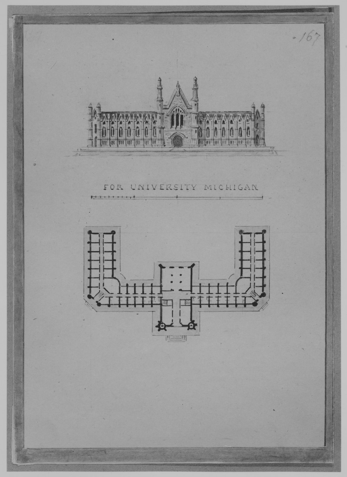Page from A. J. Davis Scrapbook II, also known as Blue Book, displayed with architectural sketches and annotations