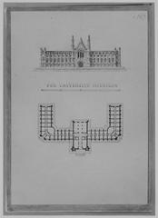 Page from A. J. Davis Scrapbook II, also known as Blue Book, displayed with architectural sketches and annotations