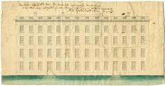 Colored elevation of Mason Hall architectural plan with handwritten inscription dated April 8th, 1840