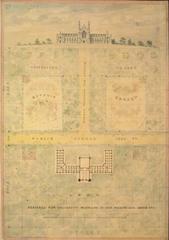 Elevation and plan drawing of building and grounds for University of Michigan design