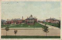 Vintage black and white photo of University of Michigan Hospital in Ann Arbor