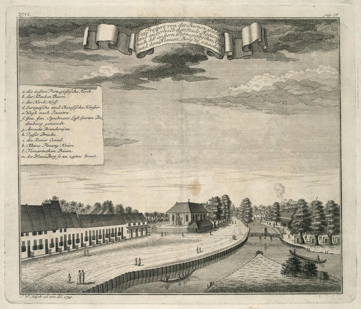 View of the Gelderland bastion, a bastion of Batavia castle with labeled landmarks including Portugese Church, Bell Tower, European and Chinese houses, garden and bridge