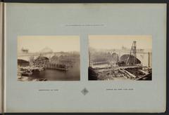 Construction work on the foundations of the Austerlitz Bridge, pile driving for a stone bridge over the Seine River, historic engineering site