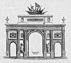 Historic engraving of the temporary arch on Square Victoria in Montreal welcoming Prince Albert of Wales