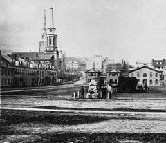Historical photograph of Haymarket Square in Montreal in 1859 showing early urban architecture and street scene