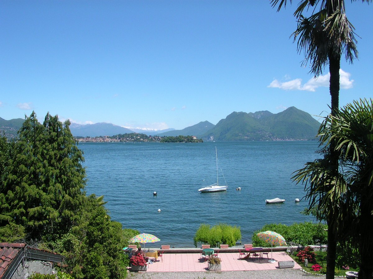 Baveno town overlooking Lake Maggiore with mountains in the background