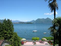 Baveno town overlooking Lake Maggiore with mountains in the background