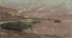 Painting of the town of Baveno with buildings and a boat on the water by Riccardo Pellegrini