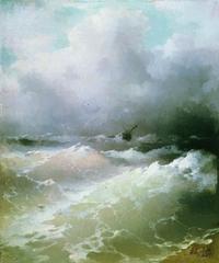 Stormy Sea painting by Ivan Aivazovsky depicting turbulent waves and stormy sky