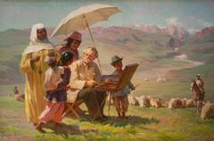 Nikolay Gavrilovich Khludov portrait by Alexey Bortnikov on Yayla in 1960