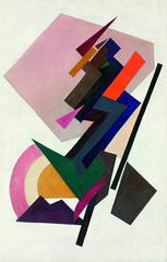 Suprematism artwork by Rozanova, 1916 featuring abstract geometric shapes in vibrant colors