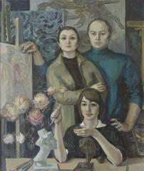 Self Portrait with husband Evgeniy Matveyevich Sidorkin and son Vadim Evgenyevich Sidorkin by Gulfayrus Ismailova, 1978
