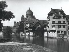 View of Pegnitzufer riverside with the historic synagogue in Nuremberg, Germany