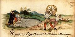 Historical image depicting the execution by drowning and breaking wheel in Nuremberg 1558