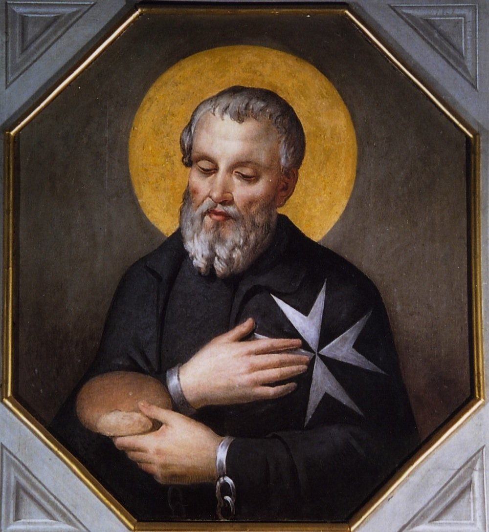 Fresco of Blessed Gérard holding a loaf of bread and chained, Chapel of the Grand Magistry, Rome