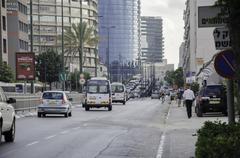 Panoramic view of Tel Aviv coastline with buildings and Mediterranean Sea in August 2015