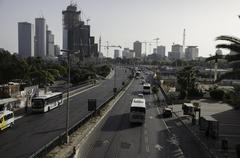 Scenic view of Tel Aviv cityscape in May 2016 with modern buildings under blue sky
