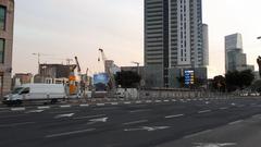 Begin Road in Tel Aviv with modern buildings and palm trees in January 2018