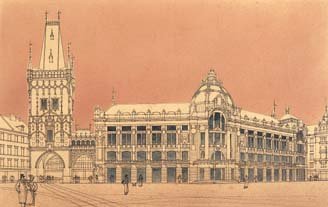 Perspective view of Obecní dům, an Art Nouveau building in Prague from 1903