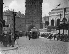 Hybernská street in Prague in 1908 with historic buildings and streetcar tracks