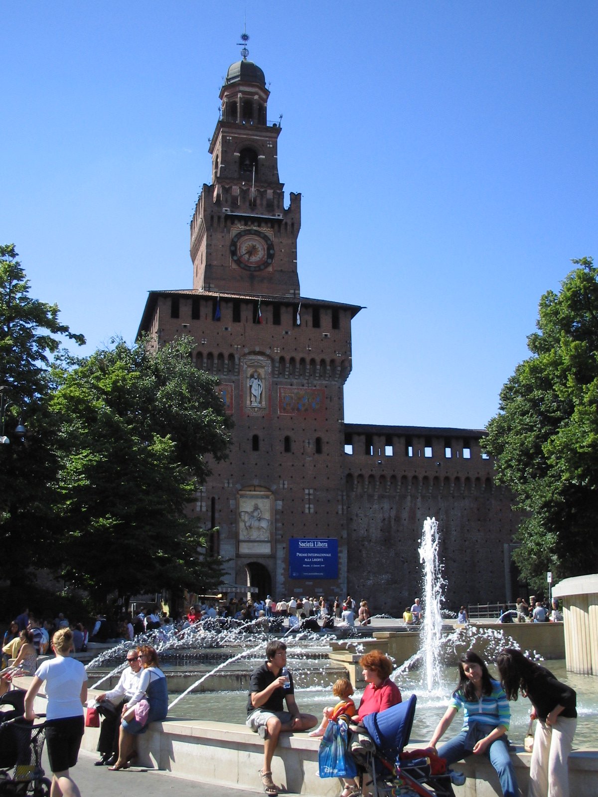 Front view of Castello Sforzesco, a historic castle in Milan, Italy