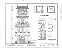 Historical black and white architectural drawing of Aliiolani Hale building in Honolulu showing front elevation with detailed structure