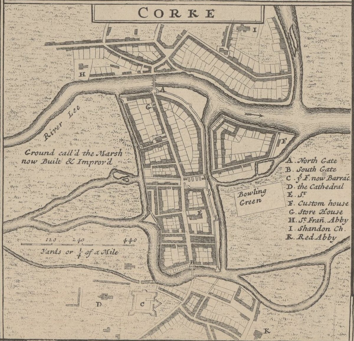 Detail map of Cork city circa 1714 from Moll's New Map of Ireland