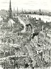 Black and white photo of Ludgate in 1895 recreation of 16th century London