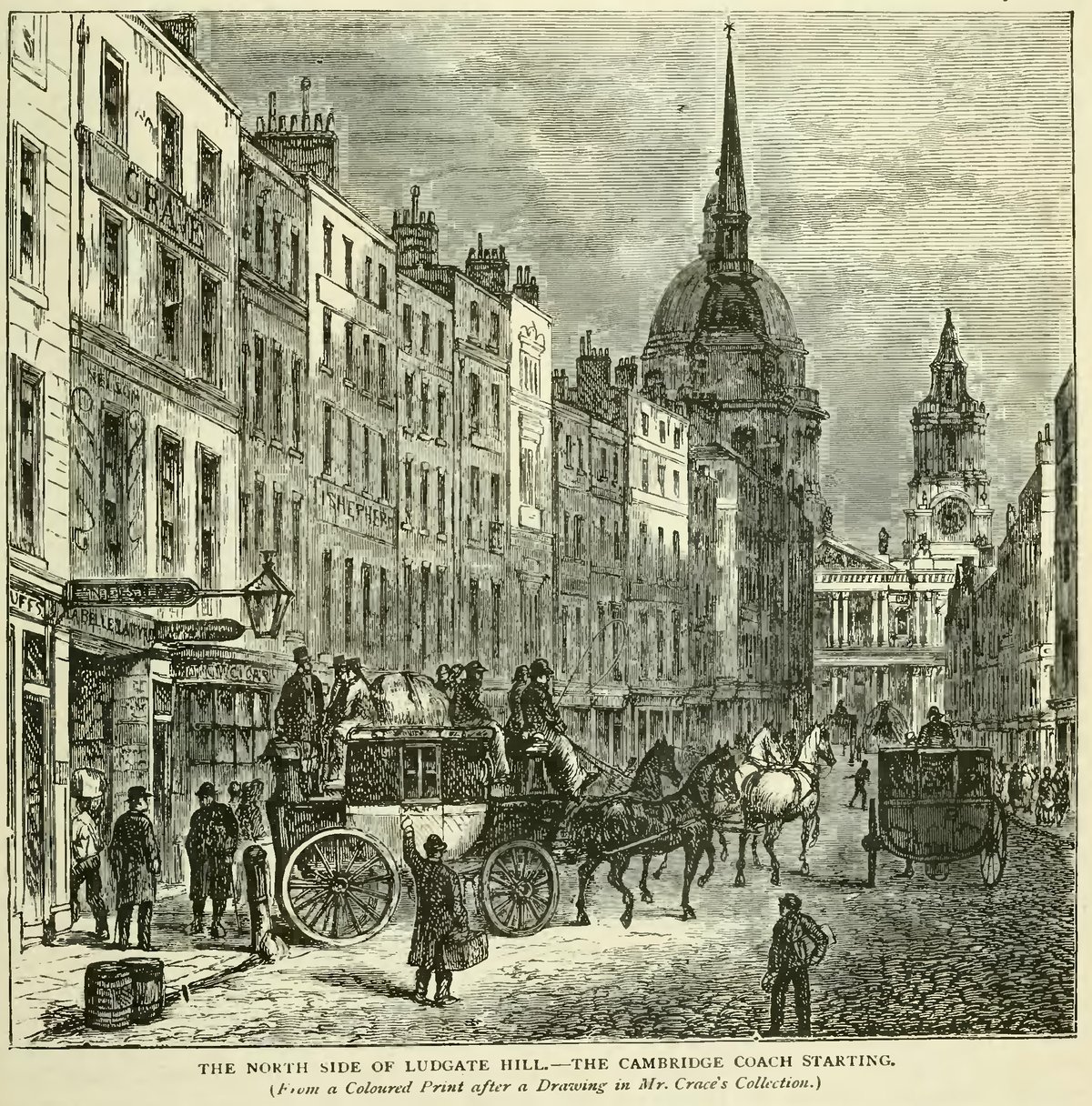 Vintage coach emerging from the Belle Sauvage yard onto Ludgate Hill in London