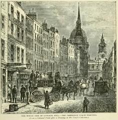 Vintage coach emerging from the Belle Sauvage yard onto Ludgate Hill in London