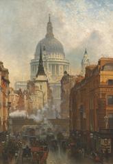 Ludgate street scene in the evening with people and horse-drawn carriages in 1887