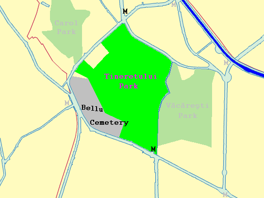 Schematic map of Tineretului Park area with nearby subway stations in Bucharest