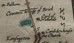 Holland House depicted on John Ogilby's 1675 map of London to Bristol route showing location and nearby landmarks