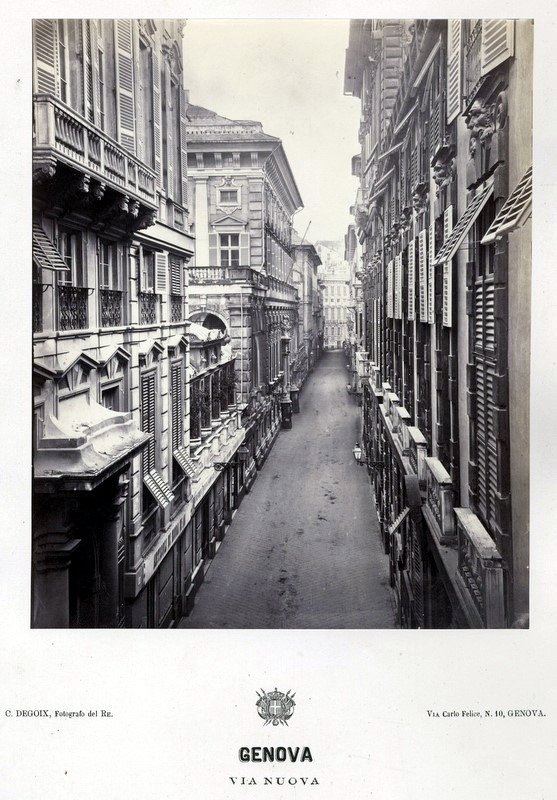 19th century black and white photograph of Via Nuova (now Via Garibaldi) in Genoa by Celestino Degoix