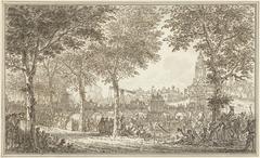 Historical drawing of the arrival of William V and Wilhelmina of Prussia at Haarlemmerpoort in Amsterdam, 1768, with crowds watching the procession and boats on the water