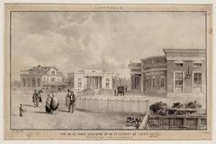 Historic lithograph of Willemspoortstation and Westerpark entrance in Amsterdam, 1847