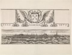 1675 detailed bird's-eye view map of Leiden with decorative border showing historical buildings and city gates