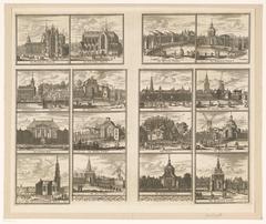 1675 etching 'De Kleine Hagen' showing detailed top, bottom and side edges of a decorative map border with sixteen views of historical buildings in Leiden, Netherlands
