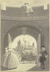 View of the Hooglandse Kerk church seen through an open gate in the city wall of Leiden