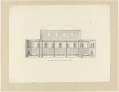 Lithographic section view of the festive hall at Burcht van Leiden for the Leiden University alumni reunion on August 9, 1838
