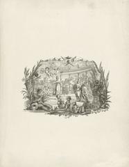 Allegorical engraving depicting Stadtholder Willem V as protector of Leiden University, accompanied by the Maiden of Leiden and Minerva, 1775