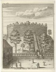 Historic etching of the Burcht van Leiden castle on an artificial hill with figures in a field, created by Jan Lamsvelt between 1684 and 1743