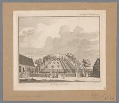 Historic etching of the Burcht van Leiden fortress and surrounding street scene with figures