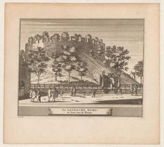 Historical etching of the Burcht van Leiden fortress with street scene and figures